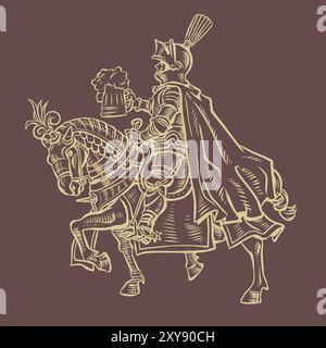 A knight in armor on an armored horse holds a mug of foamy beer. Alcohol menu in a tavern, pub or restaurant. A medieval drink in the modern world. Li Stock Vector