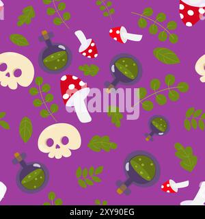 Seamless pattern cute charming skull, leaves, poison bottle and fly agaric. Halloween pattern in cartoon style. Pattern for textiles, packaging. Stock Vector