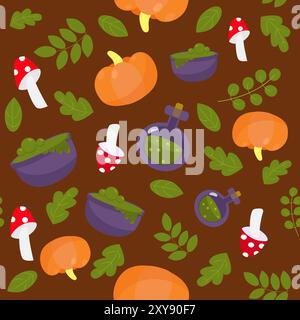 Seamless pattern leaves, fly agaric, pumpkins and bottles with poison or drug on a brown background. Halloween pattern in cartoon style. Stock Vector