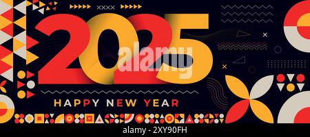 Happy New Year 2025 typography greeting card banner with red and yellow geometric patterns and text design on a dark background Stock Vector