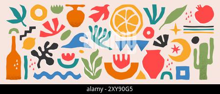 Vector set of colorful abstract geometric shapes, lines and plants. Contemporary basic simple figures, nature forms or organic matisse design elements in minimalist style. Freeform doodle objects Stock Vector
