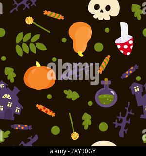 Leaves, skull, potion, candles, castle, candy and halloween attributes in cartoon style on brown background. Funny pattern for textiles and packaging. Stock Vector