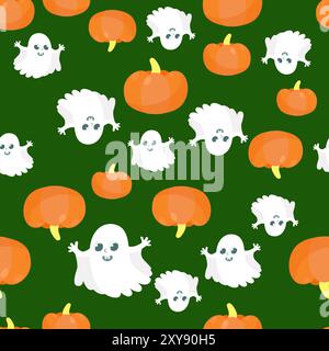 Seamless pattern leaves, cute white ghost and pumpkins. Halloween pattern in cartoon style. Pattern for textiles, packaging, wallpapers. Stock Vector