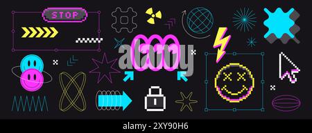 Y2k pixel art stickers in 8bit retro style. Pixelated acid smile face, eyes, aesthetic lines and wireframe geometric shapes. Brutalism abstract figures, futuristic grid elements, star or sparkle icons Stock Vector