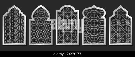 Arabian mosque window, arabic door with arabesque ornament shapes. Old islamic frames, arches with metal geometric motif pattern. Muslim palace architecture borders, gates with mashrabiya silver panel Stock Vector