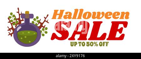 Halloween sale banner. Bottle with poison or potion and twigs in cartoon style isolated on white background. Stock Vector