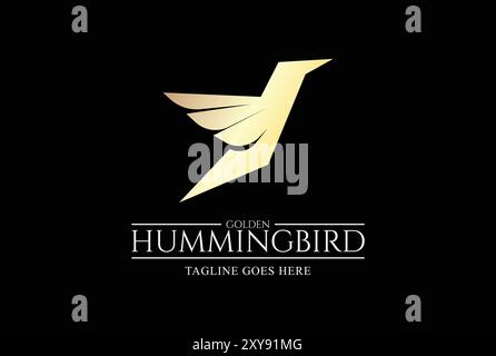 Geometric Elegant Golden Flying Hummingbird Colibri Bird Logo Design Stock Vector