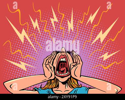 The woman screams very loudly. Ask for help in critical situations. Psychological health problems. Comic cartoon pop art retro vector illustration han Stock Vector