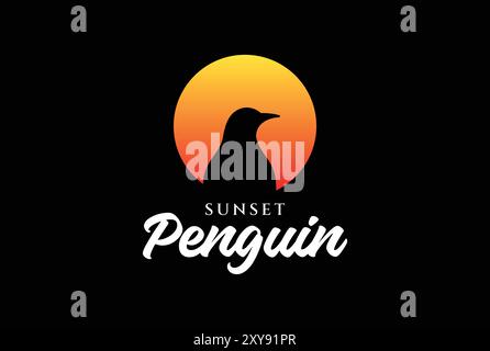 Sun Sunset Sunrise Penguin Bird Silhouette on Black Background Logo Icon Illustration Vector Stock Vector