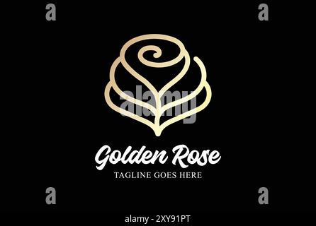 Simple Minimalist Elegant Beauty Golden Rose Flower Line Monogram Logo Design Stock Vector