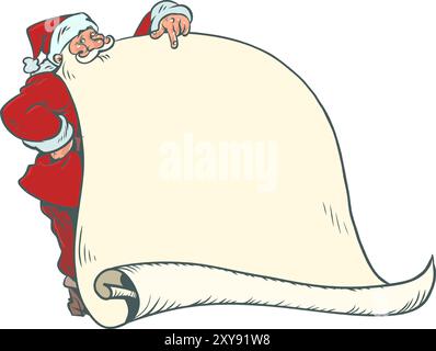Santa Claus points to his beard, wish list. The upcoming New Year holiday and gifts. List of gifts for family and friends for Christmas. Stock Vector