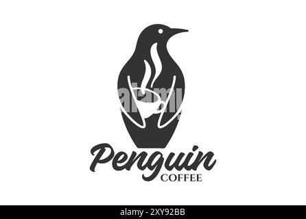 Vintage Penguins Silhouette with Coffee Cup for Cafe Logo Design Stock Vector