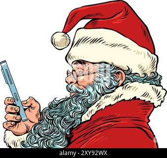 Santa Claus is using the phone. Seasonal offers and New Year's promotions. Delivery of gifts all over the world during Christmas. Stock Vector