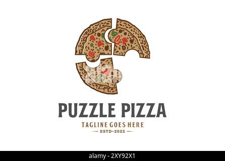 Pizza puzzle. Collect pizza yourself. Pieces of pizza in the form of a puzzle. Icon. Concept for pizzeria, online pizzeria, site for pizza order. Line Stock Vector
