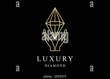 Elegant Luxury Golden Diamond with Hand Care Monogram Line Logo Design Stock Vector