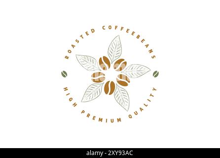 Circular Roasted Coffee bean with Leaves Star Flower for Cafe Restaurant or Farm Product Label Logo Design Stock Vector