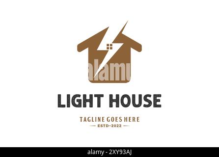 Simple Minimalist House with Thunderbolt Light for Electric Power Energy Logo Design Stock Vector