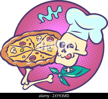 Skeleton cook holding a plate with pizza. Mexican holiday Day of the Dead and delicious food. Halloween themed dishes. Stock Vector