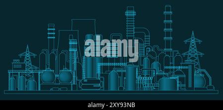 Іndustrial panorama view. Vector illustration of abstract manufacturing landscape. Dark blue background Stock Vector