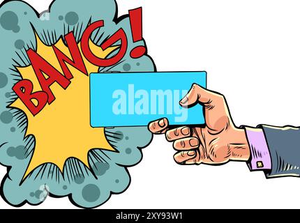 A man's hand holds a blank ticket and shoots from it. Comic book style for advertising design. Breaking Black Friday for customers. Stock Vector