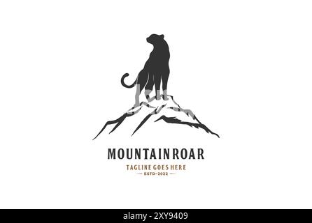 Mountain Rock with Jaguar Tiger Leopard Cheetah Puma Silhouette Logo Design Stock Vector