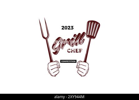 Vintage Fork and Spatula for BBQ Barbecue Grill Chef Competition Logo Design Stock Vector