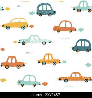 Kid’s hand drawn seamless pattern with funny cars Stock Vector