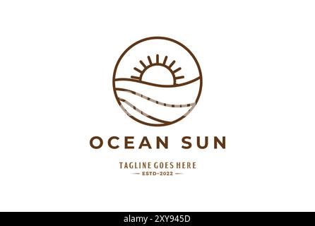Simple Minimalist Ocean Sea Beach Sun Sunset Sunrise Line Monogram Logo Stock Vector