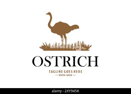 Vintage Retro Ostrich Silhouette with Grassland Logo Design Stock Vector