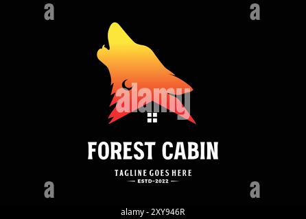 Sunset Howling Wolf Head with House Cabin Chalet for Outdoor Adventure Logo Icon Illustration Stock Vector