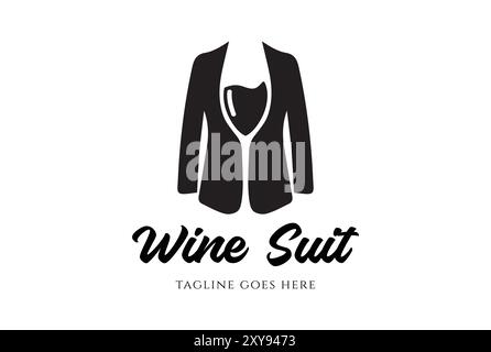 Wine Glass Tuxedo Suit Bow Tie for Luxury Bar Dinner Restaurant Waiter Bartender Logo design Stock Vector