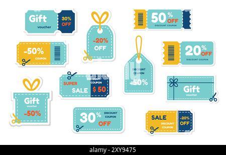 Coupon promotion sale collection. Vector isolated elements. Coupon ticket card. Super sale coupon discount. Stock Vector