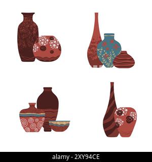 Collection of jugs, vases, dishes on shelves for your design. Pottery earthenware, vases, clay bowls and pots isolated on white. Stock Vector