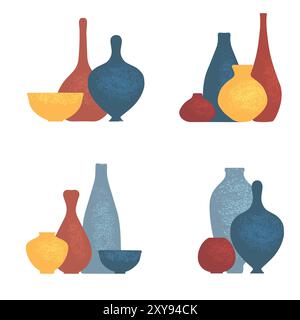 Collection of jugs, vases, dishes on shelves for your design. Pottery earthenware, vases, clay bowls and pots isolated on white. Stock Vector