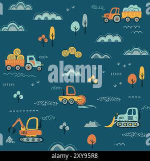 Kids seamless pattern with cars, tractors and road equipment.  Hand drawn vector illustration. Stock Vector