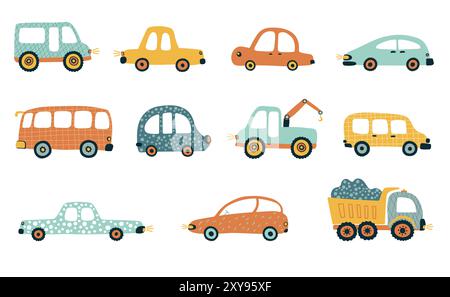 Kid’s hand drawn cute cars, buses and trucks Stock Vector