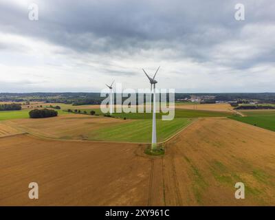 Aerial view of rolling green agricultural fields and lush forests with ...