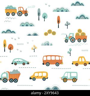 Kids seamless pattern with cars, buses abd tractors.  Hand drawn vector illustration. Stock Vector