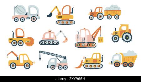 Kid’s hand drawn cute cars and tractor Stock Vector