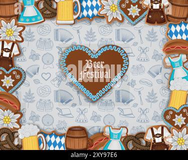 oktoberfest background with gingerbread cookies and doodles. german beer festival poster with sweets Stock Vector