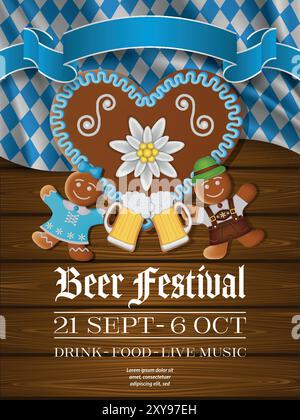 oktoberfest background with gingerbread cookies and doodles. german beer festival poster with sweets Stock Vector