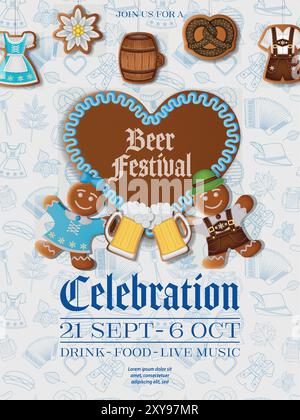 oktoberfest background with gingerbread cookies and doodles. german beer festival poster with sweets Stock Vector