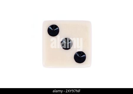 White dice with three black dots isolated on white. Top down view of Number 3 in a series of dice images Stock Photo