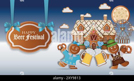 oktoberfest background with gingerbread cookies and doodles. german beer festival poster with sweets Stock Vector