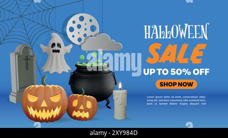 halloween sale banner with 3d elements and paper full moon and cloud. halloween background with 3d pumpkins Stock Vector