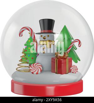 3d snow globe with 3d santa claus sleigh, christmas trees, candies and gift box Stock Vector