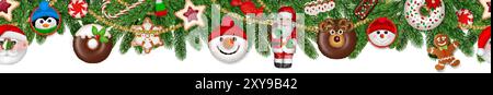 seamless christmas border with pine branches and sweets Stock Vector