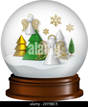 3d snow globe with 3d santa claus sleigh, christmas trees, candies and gift box Stock Vector