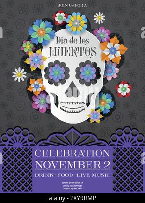 dia de los muertos poster with paper skull and flowers. day of dead celebration background Stock Vector