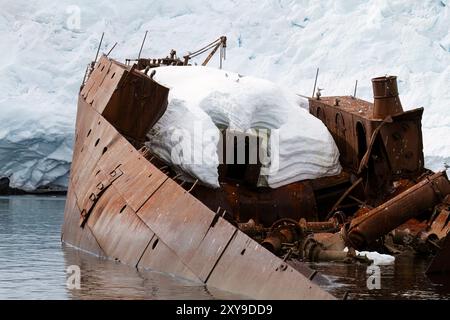 Views of the wreck of the Guvernoren, a 20th century whale processing ship in the Enterprise Islands, Antarctica. Stock Photo